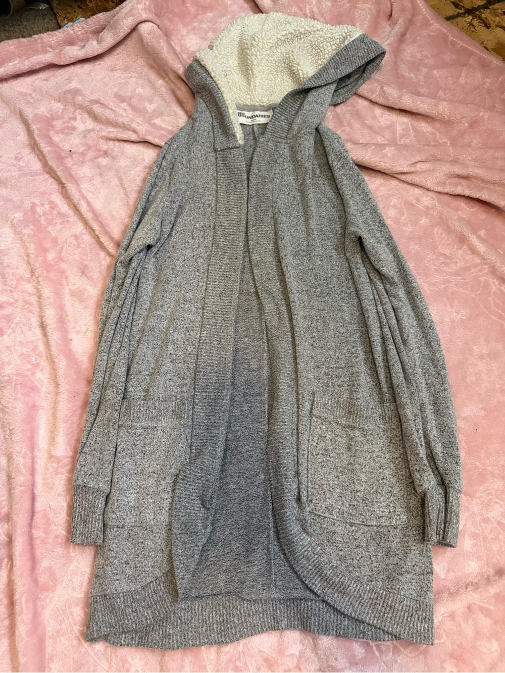 No Boundaries Gray Hooded Open-Front Cardigan with Sherpa Lining